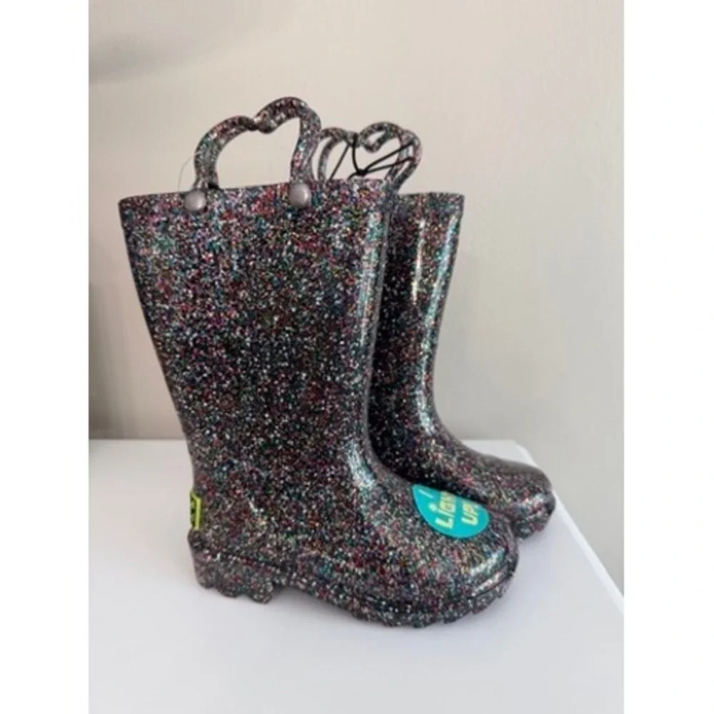 Western Chief Light-Up Rain Boots Girls Toddler Multi-Color Glitter NWT
